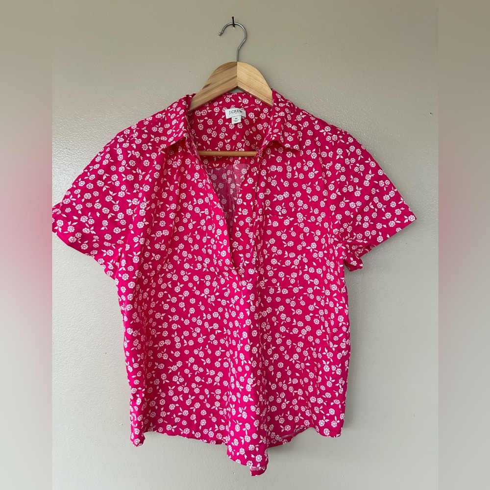 J. Crew Hot Pink Blouse Poplin Popover with White Floral Design Size Medium